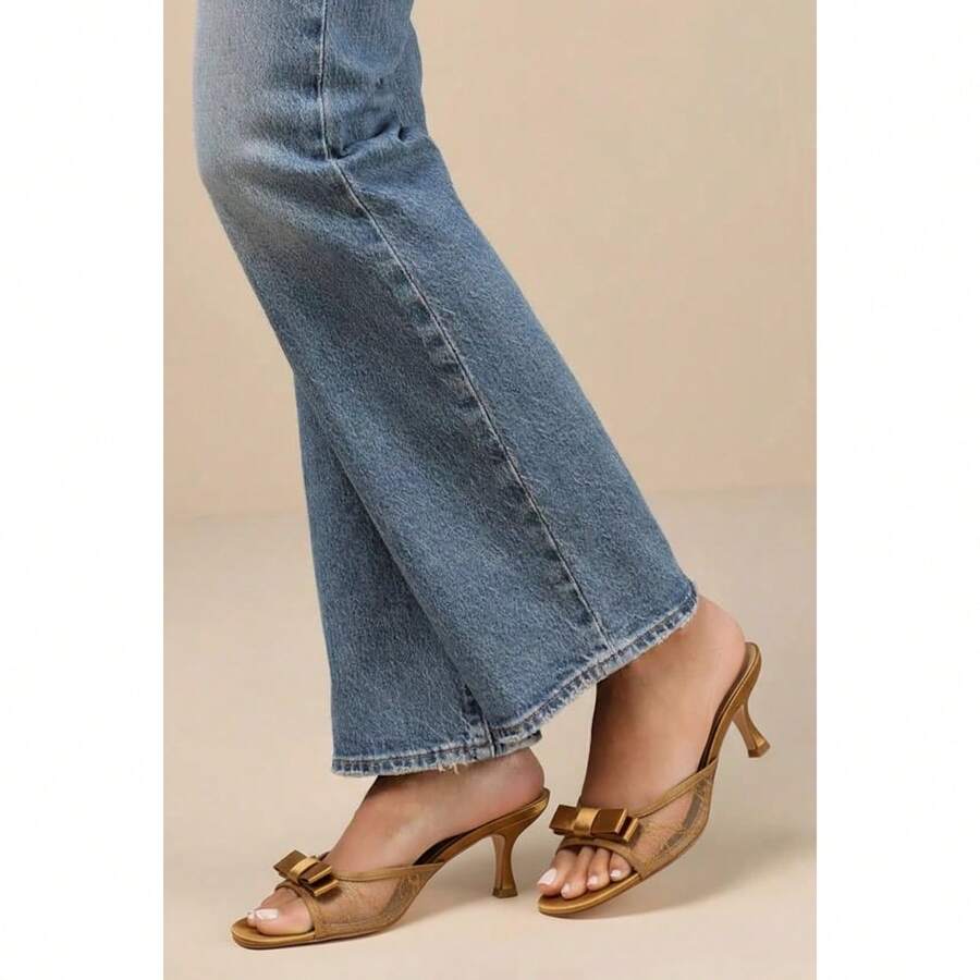 Chase & Chloe Women Sheer Lace Bow Heeled Mule Sandals Open Toe Slip On Dress Slide Mid Heel Elegant Evening Party Shoes - 銅色 - 查看 1