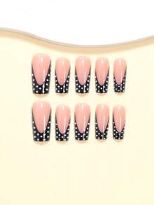 24 piezas Pegatinas para manicura francesa de lunares en contraste negro y blanco de tamaño mediano, diseño minimalista elegante, incluye 1 hoja adhesiva y 1 lima de uñas mini, entrega aleatoria, adecuado para mujeres y niñas - Negro - Ver 3