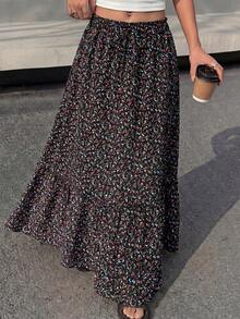 Women Floral Boho Elastic High Waist Flowy Tiered A-Line Maxi Skirt Spring Summer Holiday Beach Vacation Long Skirts With Pockets - 黑色紅色花 - 查看 2