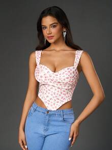 Women's Floral Print Asymmetric Hem Wide Strap Cropped Tank Top - Pink - View 3
