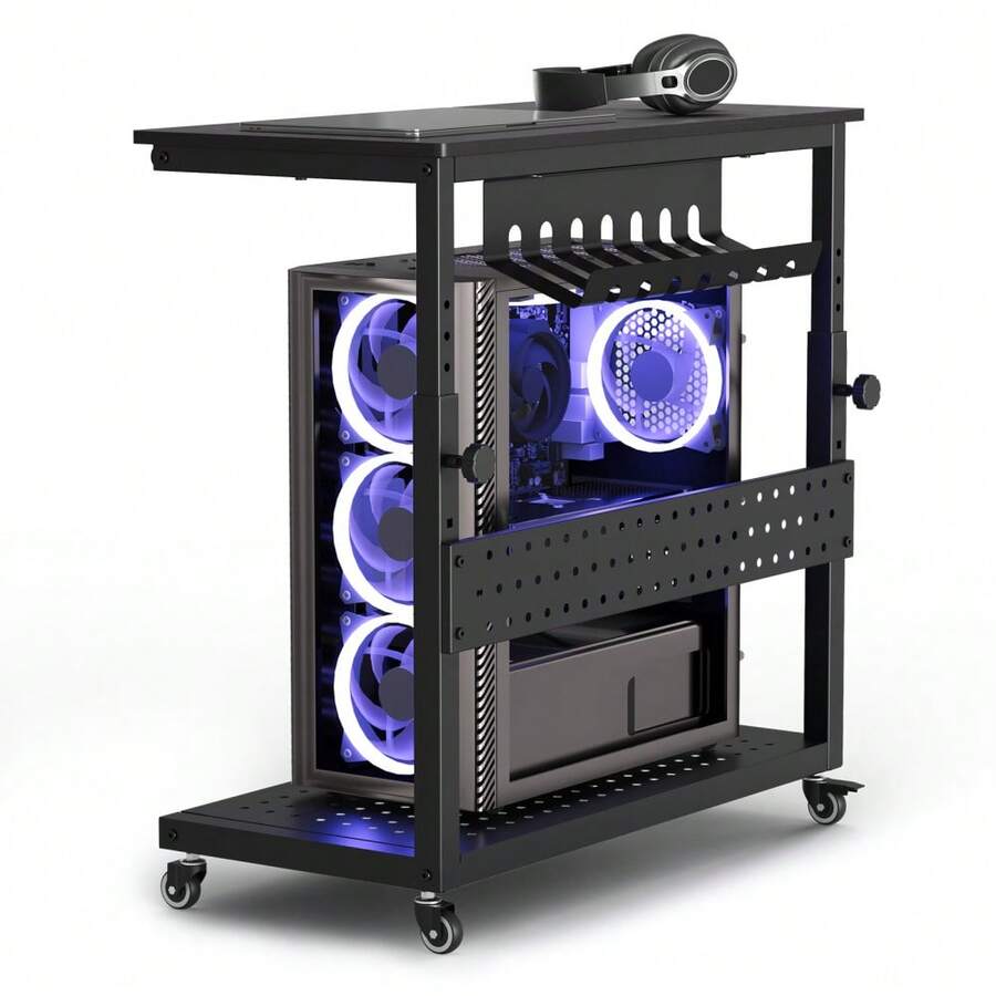 LIZHOUMIL Adjustable Computer Tower Stand With Wheels Rolling CPU Holder Cart 2 Tier Under Desk Mobile PC Stand With Cable Management Rack Professional Office Home Desktop Tower Holder 22 To 34 Inch Length - Black - Four Parts - View 1