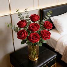 22PCS Luxury Red Artificial Roses, Velvet Fake Roses With Real Touch And Stems For Wedding Bouquets, Bridal Shower, Centerpieces, Valentine's Day, Mother's Day, Cemetery Flowers And Home Table Decor - Red - View 6