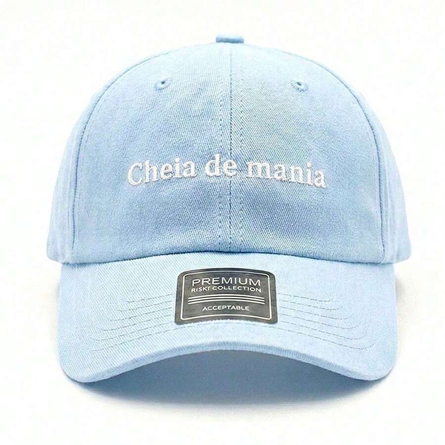 Embroidered Cap With "Full Of Mania" Phrase, Premium Dad Hat For Beach, Party, Everyday Wear, Stylish Unisex - Màu xanh nhạt - Xem 1