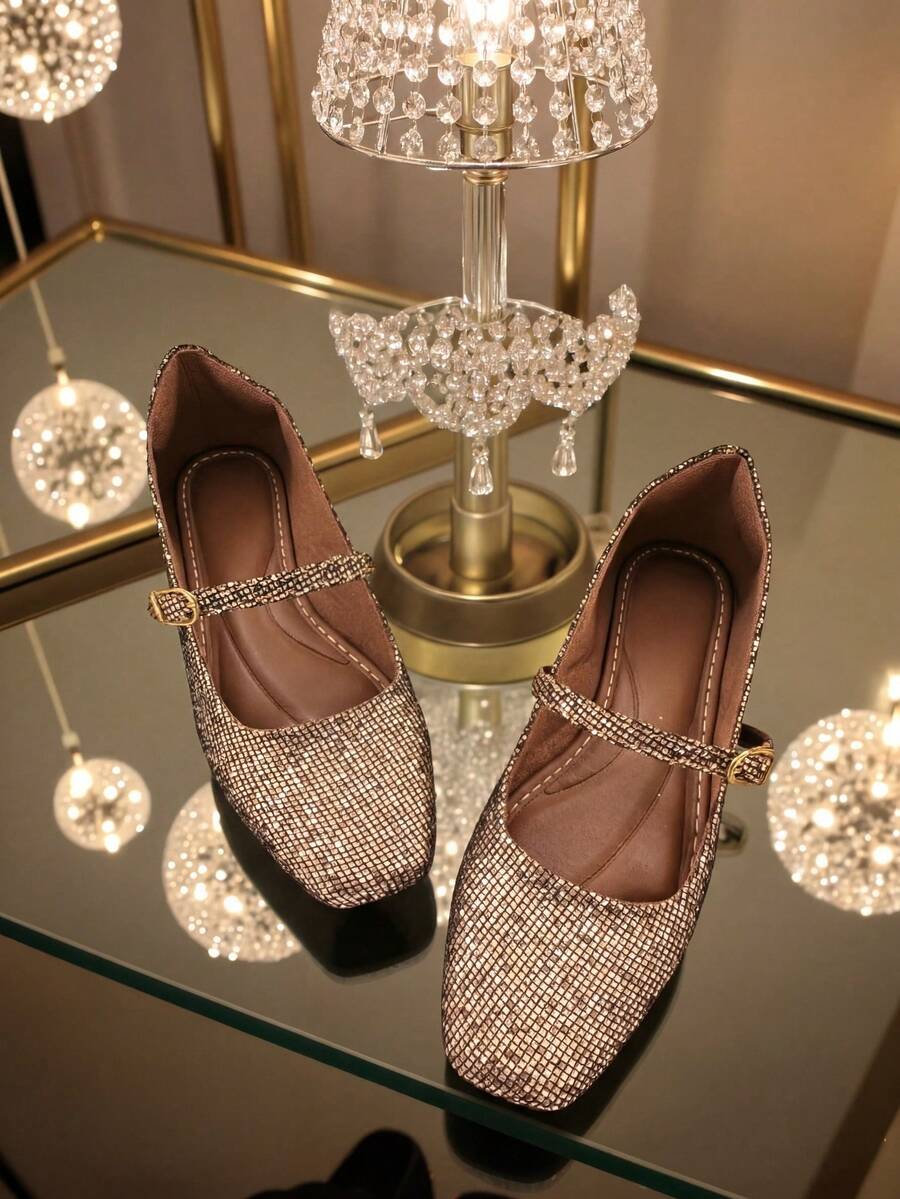 Women's Square Toe Pumps With Old Gold Glitter - 金色 - 查看 1