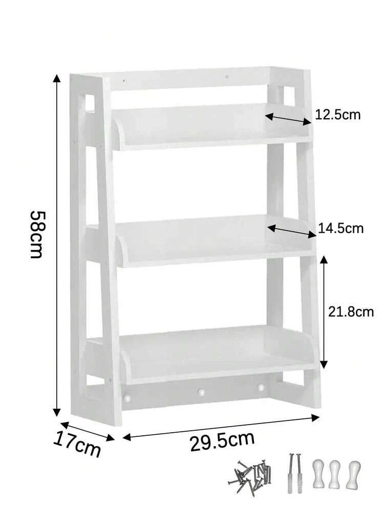 Estantería de Pared para Baño de 3 Niveles con Ganchos, Resistente al Agua y al Moho, Material de Madera-Plástico, Fácil de Instalar, Ideal para Almacenar Toallas, Cosméticos y Artículos de Aseo, Dimensiones 58x29.5x17cm - Blanco - Añade 10