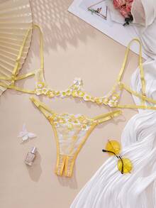 2-Piece Women's Yellow Open-Cup French-Style Floral Embroidary Underwire Bra And Thong Sexy Lingerie Set Adjustable Straps Bra Crotchless Panty Underwear Suit For Vacation Homewear Hot Nightwear Valentine's Day Anniversary Honeymoon - 黃色 - 查看 8