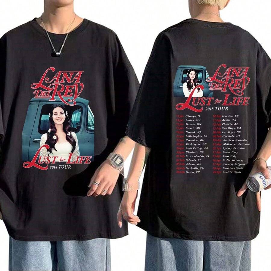 Singer Lanas Del Rey Vintage T Shirt Lust For Life Tour Music Album Men Women Hip Hop T Shirts Harajuku Streetwear Tops Unisex 5XL - 黑色 - 查看 1