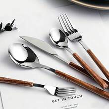 24/30pcs Stainless Steel Cutlery Set, Faux Wooden Handle Knife Fork Spoon Tableware Set - View 11