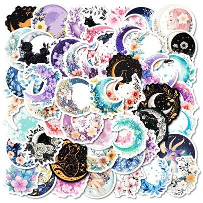 50 PCS Boho Moon Phase Stickers For Adults, Aesthetic Floral Crescent Moon Decals With Black Cat & Nature Designs, Waterproof Vinyl Stickers For Water Bottles, Laptops, Journals, Skateboards, Phone Cases, Scrapbooking, Bullet Journals, Gift Wrapping, Room Decor, Party Favors, DIY Crafts, Witchy & Celestial Theme Accessories For Women, Mystical Stickers For Personalizing Stationery, Notebooks, And Daily Essentials