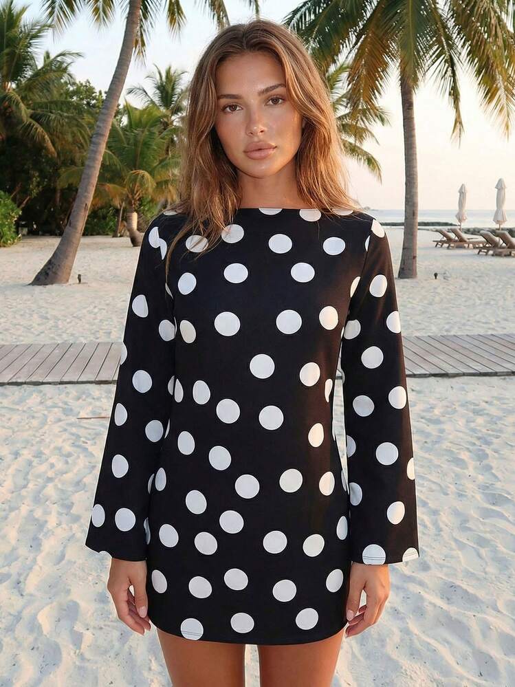 long sleeve a line dress mini Women Dress, Dots Print Cocktail Fall A-Line Dress Clubwear The flattering A FB-FEED Neon 1990s Mini Dress Color:NAVY-2