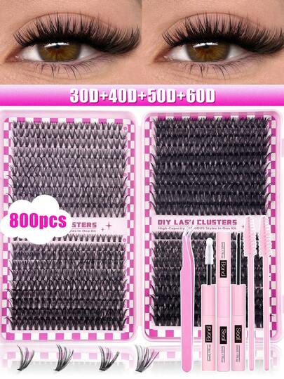 800pcs DIY Lash Clusters Eyelash Extension Kit, 2-In-1 Lash Bond, Tweezers, Lash Brush, 30D+40D+60D+80D+100D 9-16mm Mix Lash Clusters For Beginner DIY At Home And Reusable