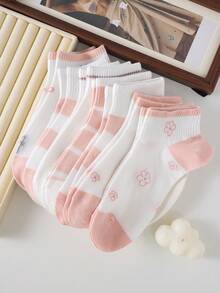 5 pares de calcetines de tobillo para mujer con diseño de corazones y flores en color rosa, transpirables y antideslizantes, aptos para primavera y verano - Rosa - Ver 5