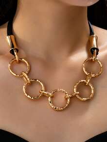 1pc Fashionable Punk Style Multi-Layer Black Wax Rope Geometric Circular Pendant Necklace, Suitable For Women's Casual, Holiday, Party Outfit - Golden/black - View 5
