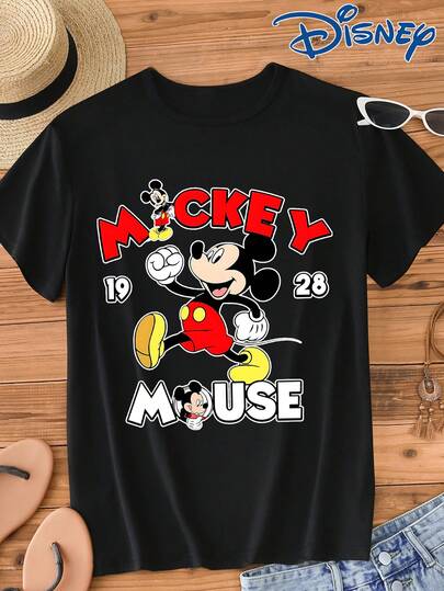 Disney 1 pieza Camiseta de manga corta para hombre con estampado gráfico de Mickey Mouse, cuello redondo, elástica, adecuada para uso diario, material de fácil cuidado, camiseta casual de moda para hombres, camiseta de manga corta
