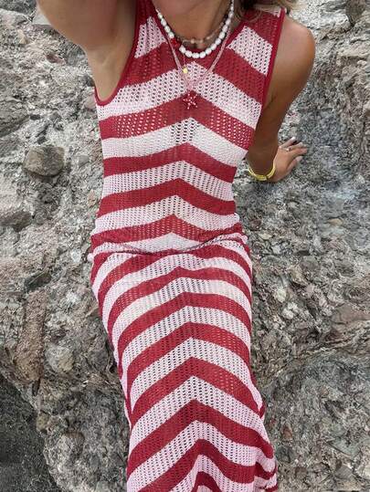 Women's Textured Fabric Striped Dopamine Straight Hem Split Dress, Vacation Cover-Up Dress