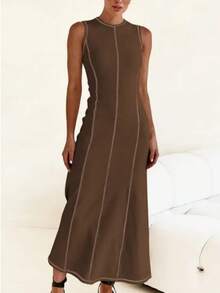 Premium Fabric Sweatshirt Dress With Beautiful Stitching Details. - Rust Brown - View 2