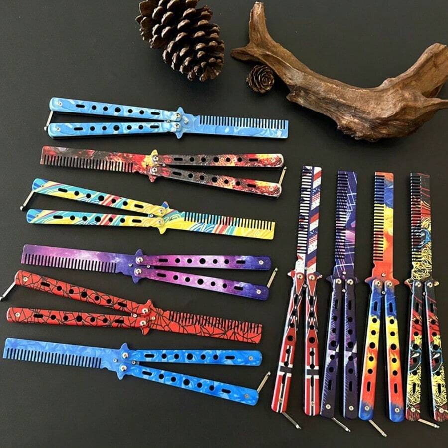 Alloy Graffiti Butterfly Comb - Folding Comb Training Simulation Game Props, Beginner Practice Comb, Hairstylist Tool Comb Model, Stainless Steel Butterfly Comb - Multicolor - View 1
