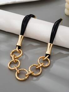 1pc Fashionable Punk Style Multi-Layer Black Wax Rope Geometric Circular Pendant Necklace, Suitable For Women's Casual, Holiday, Party Outfit - Golden/black - View 3