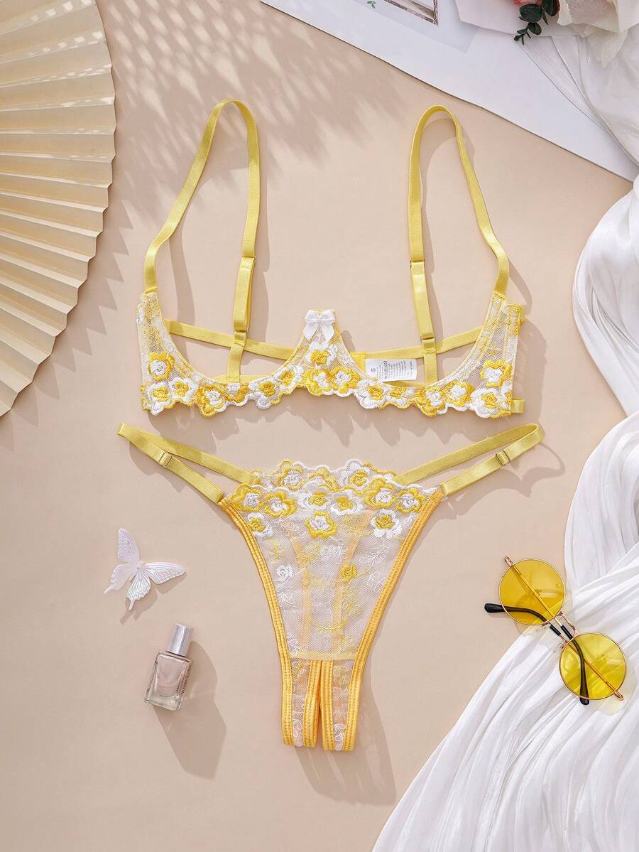 2-Piece Women's Yellow Open-Cup French-Style Floral Embroidary Underwire Bra And Thong Sexy Lingerie Set Adjustable Straps Bra Crotchless Panty Underwear Suit For Vacation Homewear Hot Nightwear Valentine's Day Anniversary Honeymoon - 黃色 - 查看 1