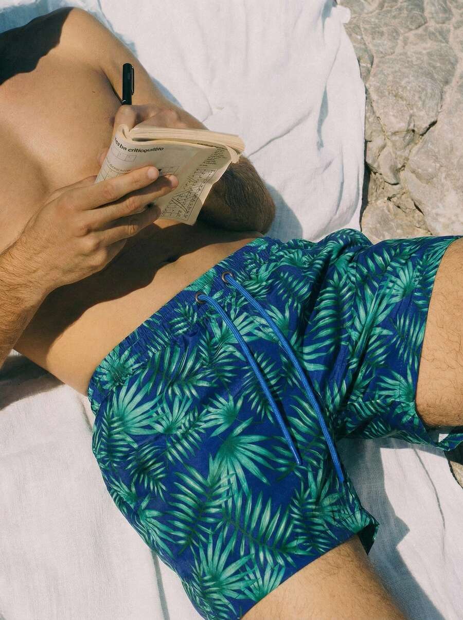 Open Phase GINGTTO Herren blaue bedruckte Badeshorts mit Kompressionsinnenfutter, schnelltrocknenden Taschen sind ein Muss für lässige, modische und bequeme Sommer, im Retro-Amerikanischen Stil, unisex, locker geschnitten Sommeroutfits - geeignet für den Alltag und Sommerurlaubs-Outfits. - Verschiedenfarbig - Übersicht 1