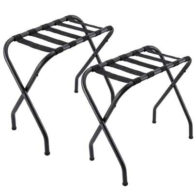 Luggage Rack Black Metal Folding With Heavy-Duty Nylon Straps, Collapsible Suitcase Stand With Floor Protection, For Guest Room, Bedroom & Hotel Use
