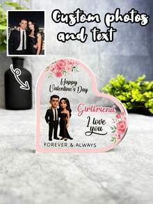 1pc Custom Gift For Valentine's Day Couple Black Hair Girl Keepsake Side Heart Ornament Plaque, Trinket Gift, Acrylic Plaque Ornament Keepsake Gift - Multicolor - View 7