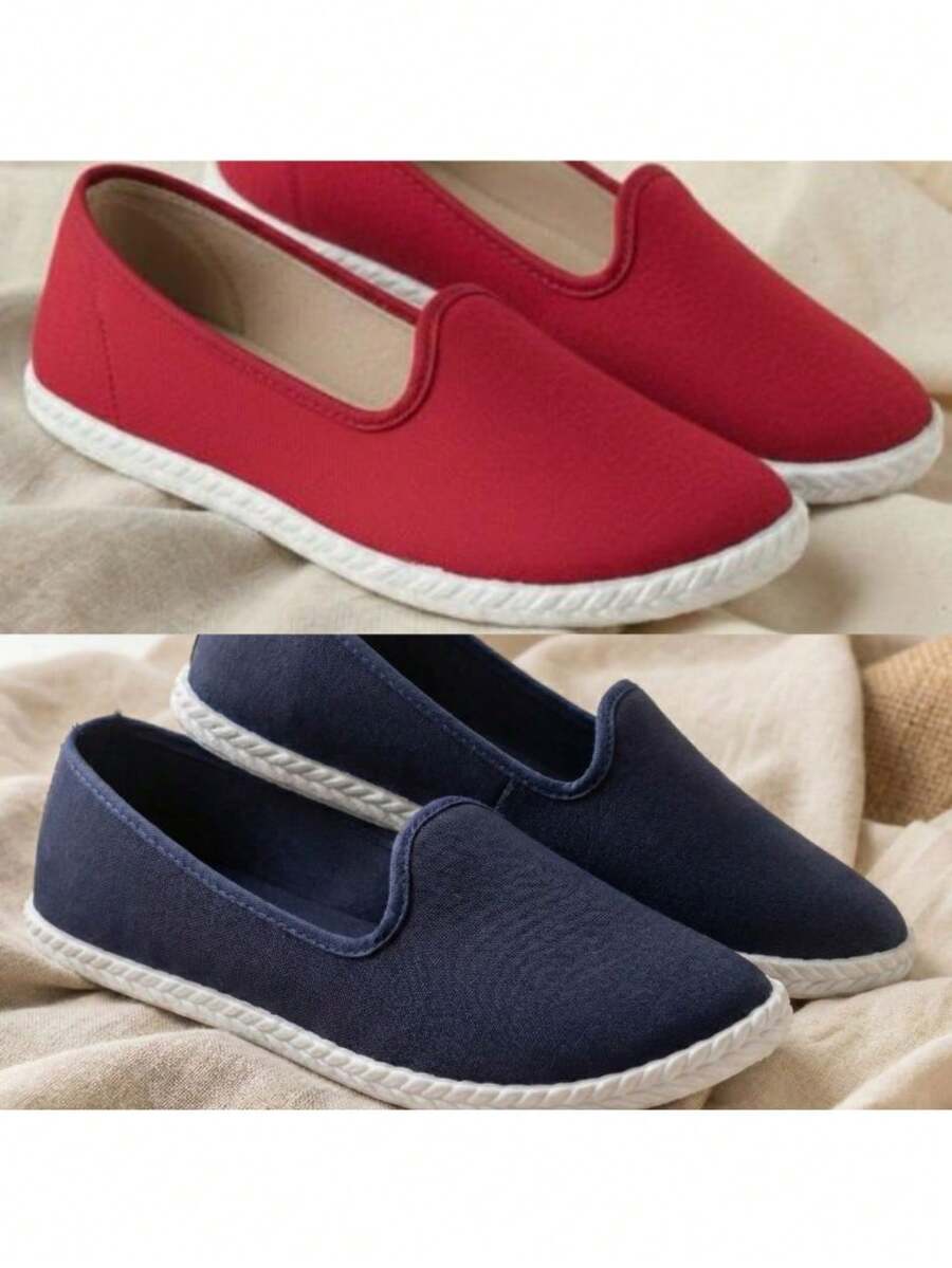 Kit Of 2 Pairs Of Women's Casual Flexible Lightweight Soft Comfortable Flats - Azul marino + rojo - Ver 1