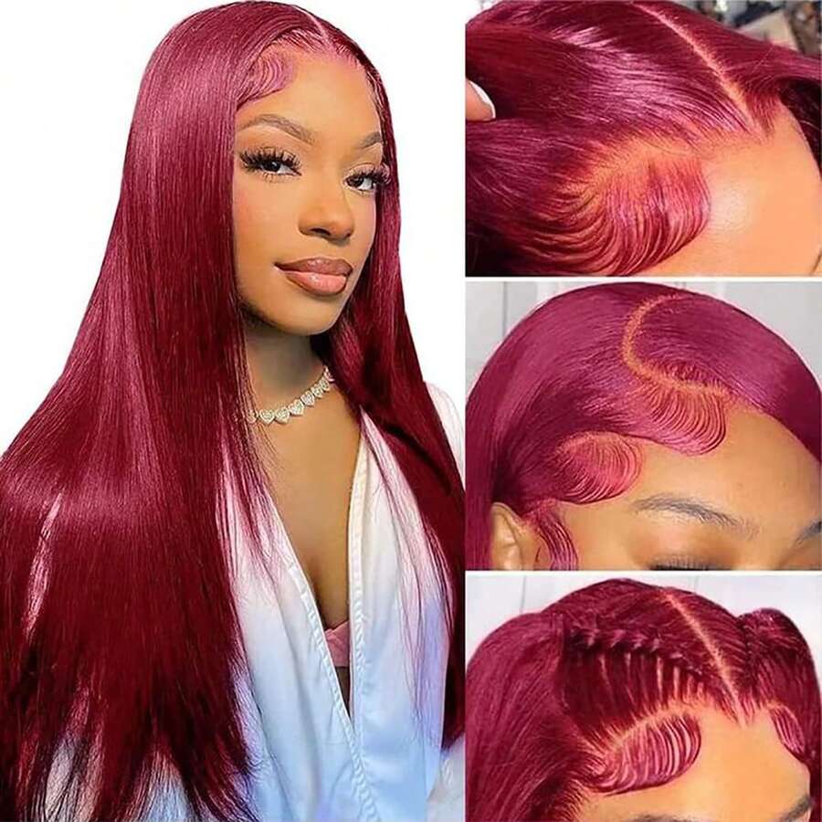 99J 酒红色蕾丝前假发，采用真人发丝制成，13x4 180% 密度。这款巴西原生直发假发专为女性设计，已预先拔毛，并带有婴儿发。 - S99J - 查看 1