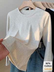 Women's Long Sleeve T-Shirt, Versatile Autumn/Winter Gray Floral Top, Slimming Solid Color Inner Layer Base Shirt Casual - Gray - View 4