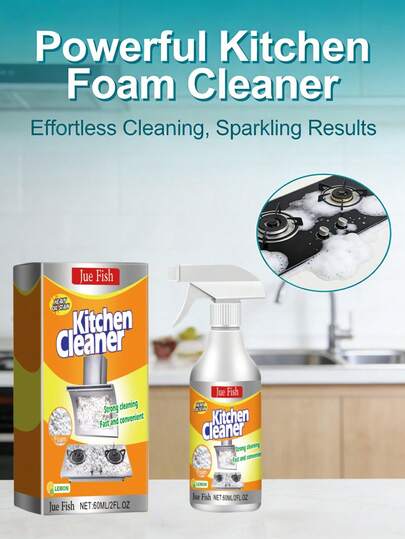 JUE FISH 厨房强力泡沫清洁剂，专为清洁油腻区域（如抽油烟机、炉灶、瓷砖）而设计。浓密泡沫不易滴落，快速渗透并溶解厚重油脂，无需擦洗，轻松擦拭干净，显著提升清洁效率。