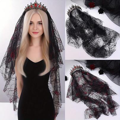 2件套巴洛克复古黑色皇冠，蜘蛛骷髅头面纱发梳，派对头饰
