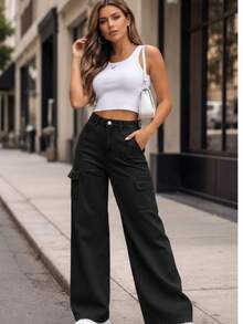 Women's Wide-Leg Cargo Jeans - Black - View 1