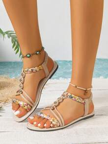 Sandal đế bằng kiểu Bohemian bản rộng nhiều màu sắc dành cho nữ, kiểu dáng dệt kim, quai thun, thoải mái, đa năng, thanh lịch, thích hợp cho kỳ nghỉ, sandal đế bằng sang trọng, quyến rũ, thích hợp đi biển, phụ kiện cần thiết cho mùa hè. - Màu be - Xem 4