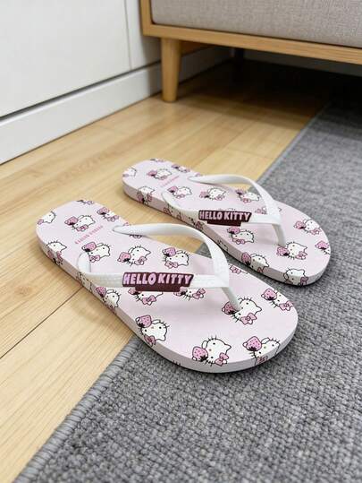SANRIO Dép quai ngang họa tiết bánh quế và dép lê, dép xỏ ngón mùa xuân/hè, dép đế bằng mũi tròn, họa tiết hoạt hình dễ thương, dép đi biển trong nhà/ngoài trời.