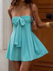 Women's Pleated Tie-Up A-Line Dress, Fashionable & Elegant Resort Wear, Spring/Summer Party - Blue - View 1