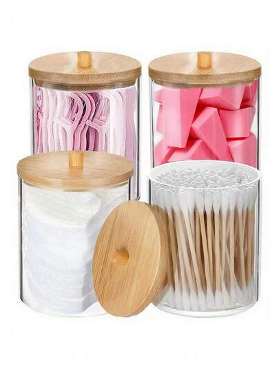 4/Pcs Qtip Bathroom Clear Plastic Storage Box For Swabs, Ball Pads, Round Pads, Dental Floss Picks - Small Clear Plastic Jar Medicine Bottle Set, Bathroom Essentials Accessories Decor, Dressing Table Makeup Storage Box