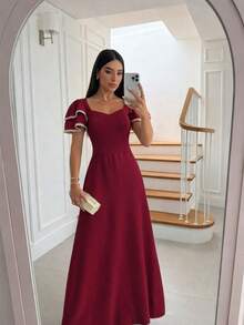 Elegant Women's Long Dress, Solid Color Wedding Party Dress, Puff Sleeves, Suitable For Work, Casual, Holidays, And More. - Màu Tím - Xem 3