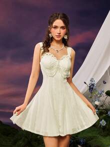 Faeriesty Chic Lace Panel Tassel Women's Mini Evening Dress – Elegant Sleeveless Gown Featuring Delicate Lace Stitching, Perfect For Parties, Banquets, Weddings, Proms, And Gala Events - Beige - View 8