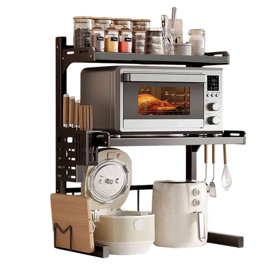 Estante de cocina de 3 niveles con 6 ganchos | Estante multifuncional expandible para horno microondas, estante de almacenamiento de encimera para horno de varios niveles, estante de almacenamiento de artículos, altura ajustable, construcción de hierro con tubos dorados, estantes utilitarios - Negro - Ver 1