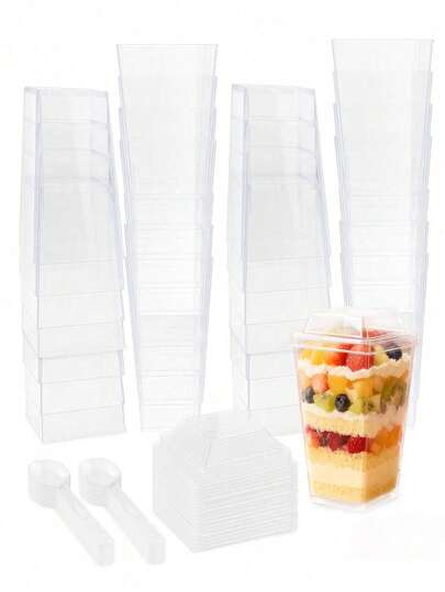 20/40/80个装方形迷你甜点杯，带盖，可选配勺子，透明芭菲杯（甜点杯），适用于婚礼招待会、派对、酸奶、布丁、芝士蛋糕、蛋奶冻、果冻和开胃慕斯等。