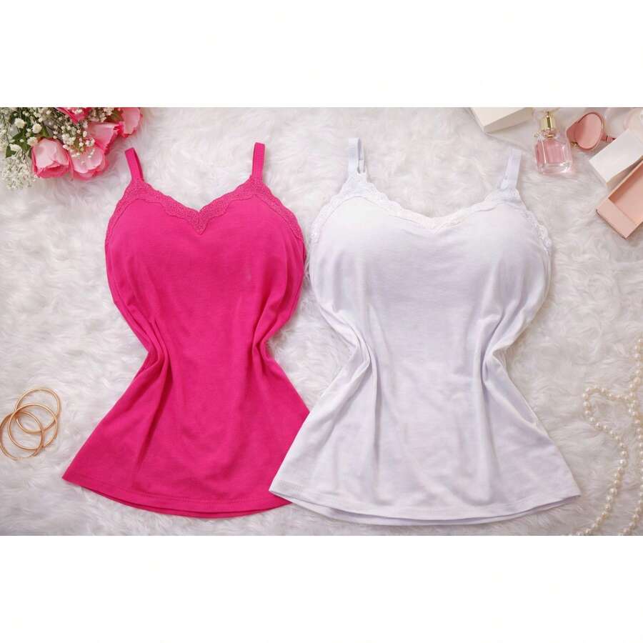 Set Of 2 Women's Basic Tank Tops With Lace Detail On The Bust, Thin Straps, Comfortable And Versatile - Hồng và Trắng - Xem 1