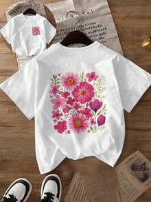 Women's Casual Ditsy Floral Round Neck Short Sleeve T-Shirt, Suitable For Spring, Summer, Autumn, Valentine's Day/Back To School - White - View 2