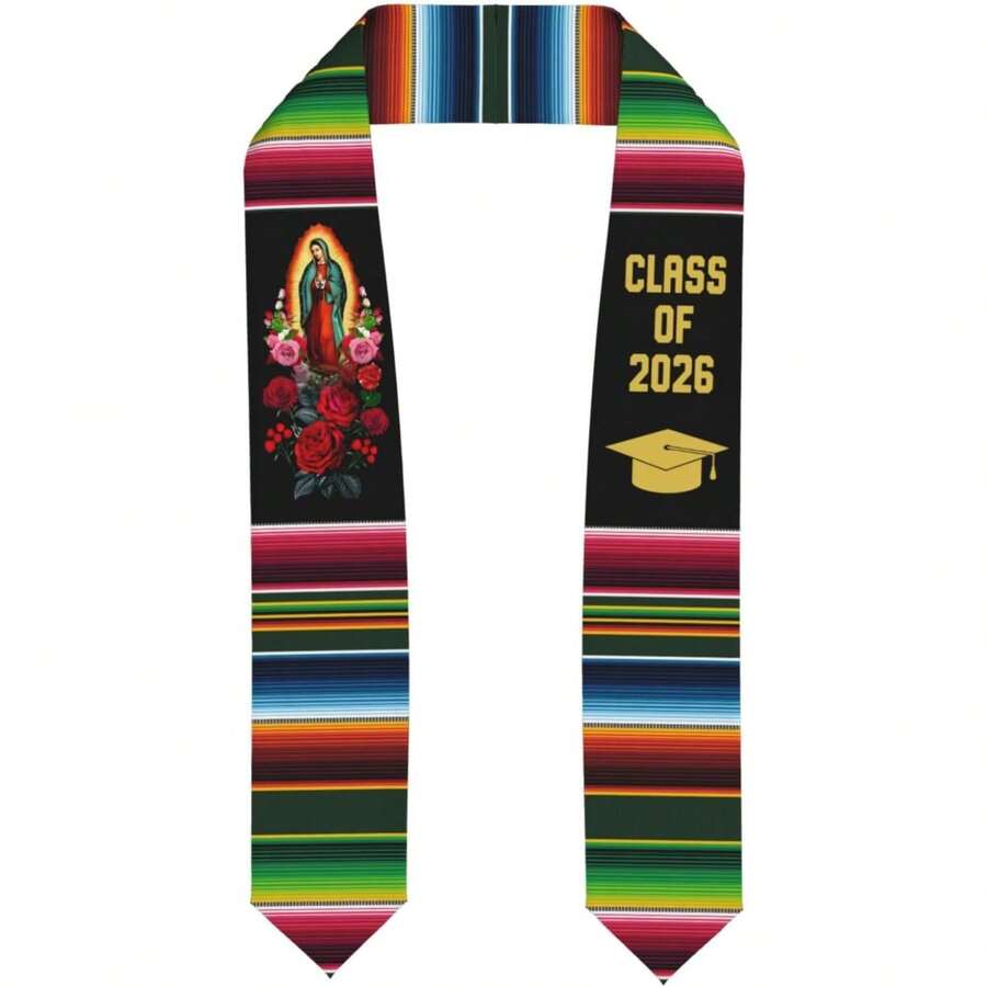 Banda de graduación mexicana para la clase de 2026, unisex para adultos graduados, banda para escuela secundaria, universidad, licenciatura, títulos de 4.5" (ancho) x 62" (largo) - Virgen De Guadalupe 2026 - Ver 1