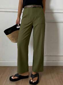 Spring Summer Women Casual & Fashionable High Waist Straight Leg Pants With Pockets, Olive Green, Vacation Beach Office School Outfits For Women - 橄欖綠 - 查看 1