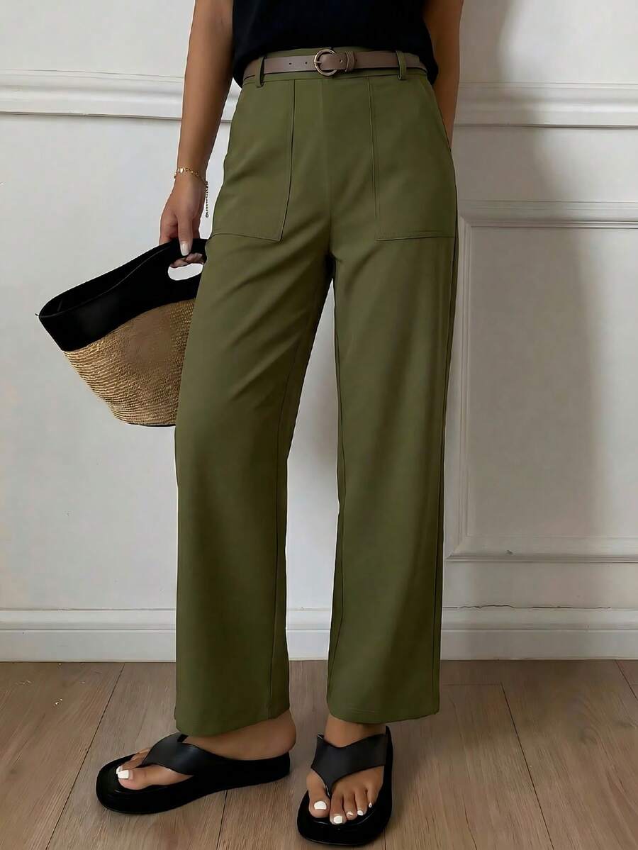 Spring Summer Women Casual & Fashionable High Waist Straight Leg Pants With Pockets, Olive Green, Vacation Beach Office School Outfits For Women - 橄欖綠 - 查看 1