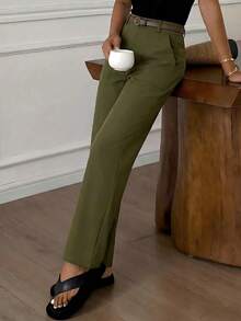 Spring Summer Women Casual & Fashionable High Waist Straight Leg Pants With Pockets, Olive Green, Vacation Beach Office School Outfits For Women - 橄欖綠 - 查看 5