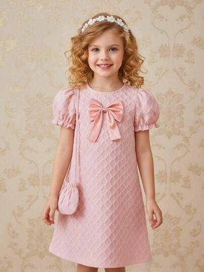 Tween Girls' Diamond Plaid Dress With Puff Sleeves, Bow Accent & Matching Mini Crossbody Bag, Sweet Casual Summer Outfit