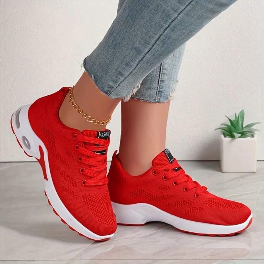 2026 New Style Women's Casual Sports Shoes Solid Color Lace-Up Slip-On Wear-Resistant Eva Insole Women's Tennis Shoes Indoor Exercise Outdoor Hiking. - 紅色 - 查看 1