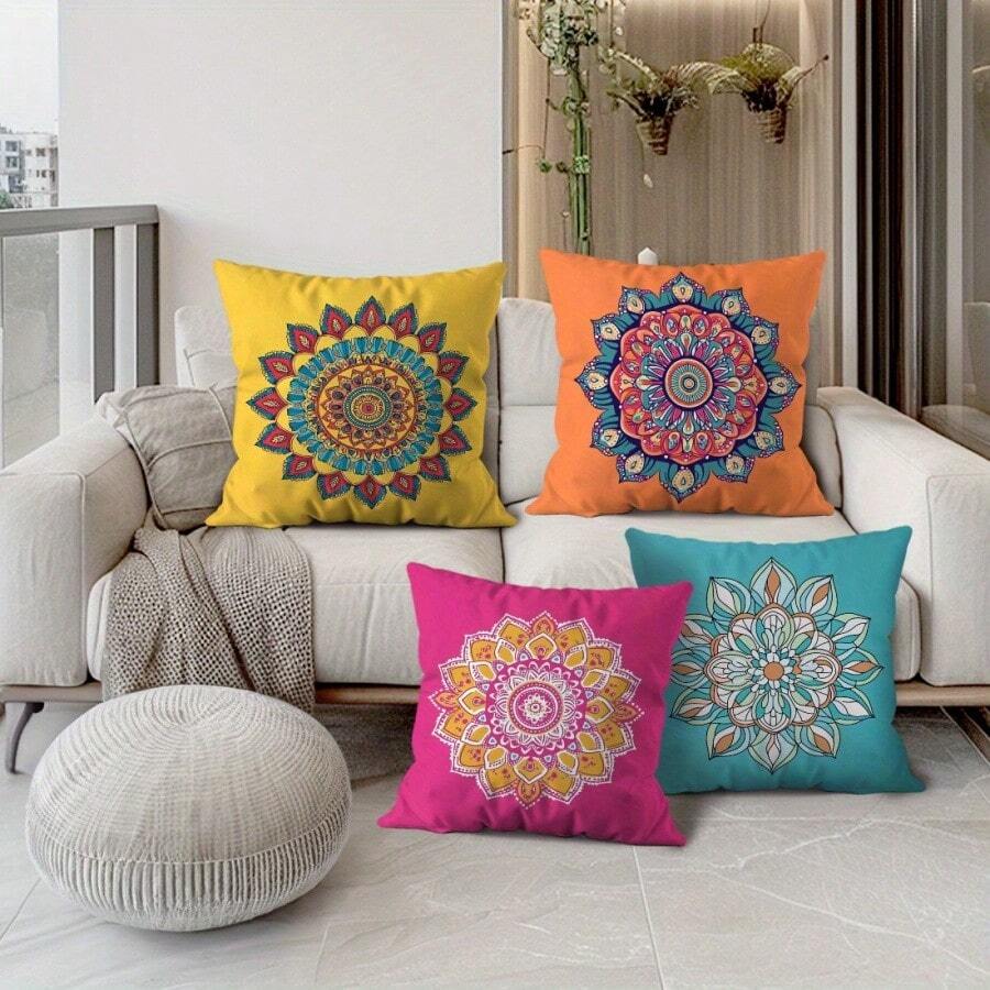 1/4pcs Bohemian Pattern Single-Sided Print Sofa Pillowcase - Peach Skin Texture Pillowcase (No Pillow Insert) - A - View 1