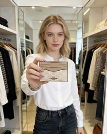 Coach 迷你纤薄证件套，女士帆布口袋钱包，可装信用卡 - 香檳色 - 查看 4